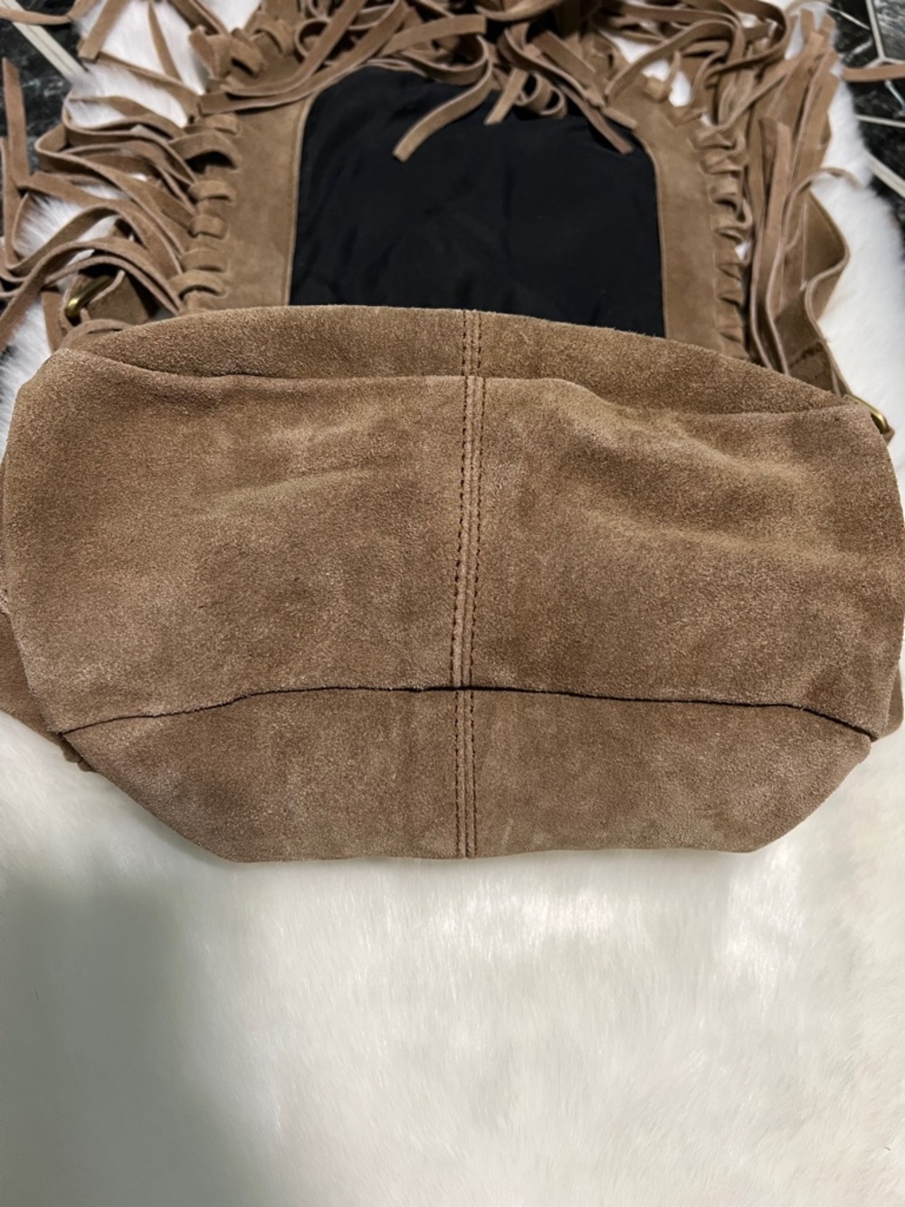 Forever 21 Genuine Cowhide Suede Fringe Crossbody Handbag Light Brown - Picture 7 of 13